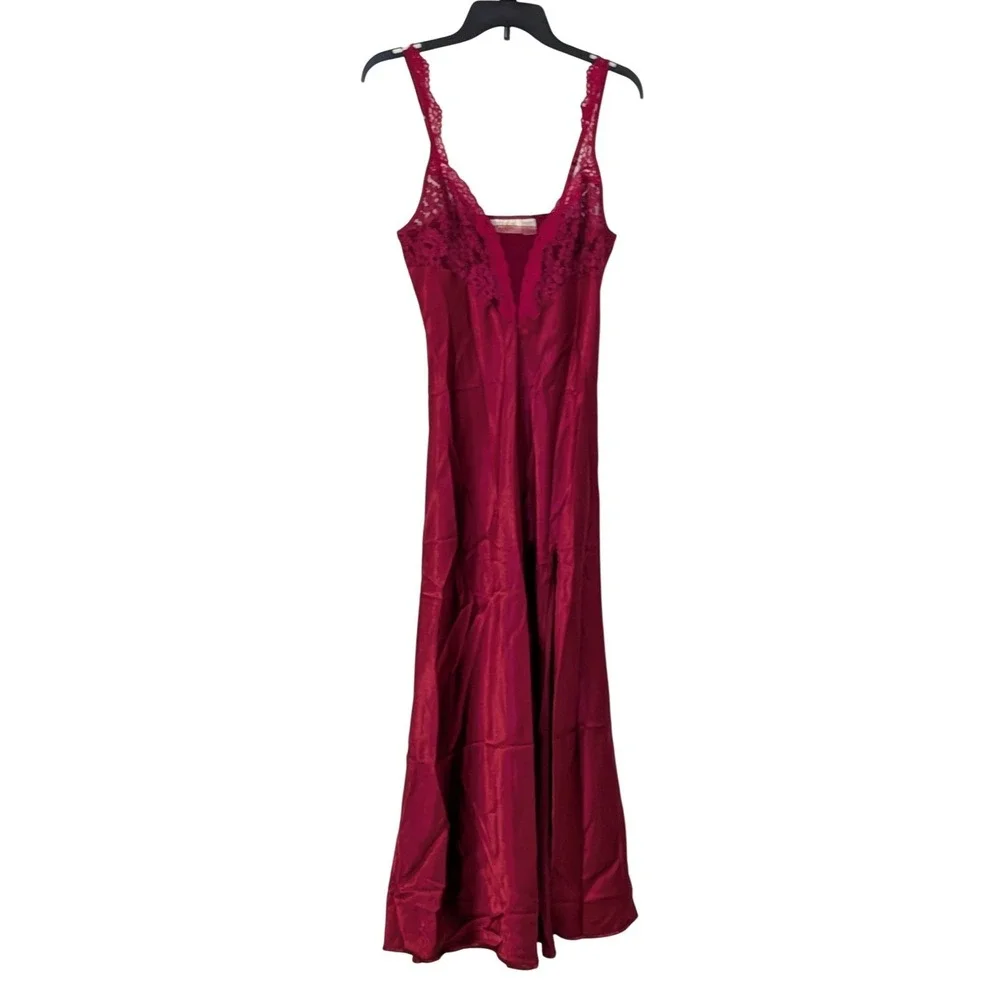Vintage Victorias Secret Gold Label Satin‎ Lace Maxi Nightgown Wine Red Medium